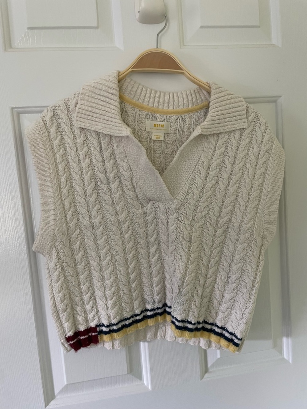 Maeve Cream Cable Knit Sleeveless Polo Vest with Navy, Yellow & Burgundy Trim